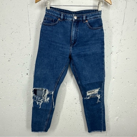 Monki Size 26 Kimono High Waist Raw Hem Distressed Ankle Jeans - Picture 1 of 13